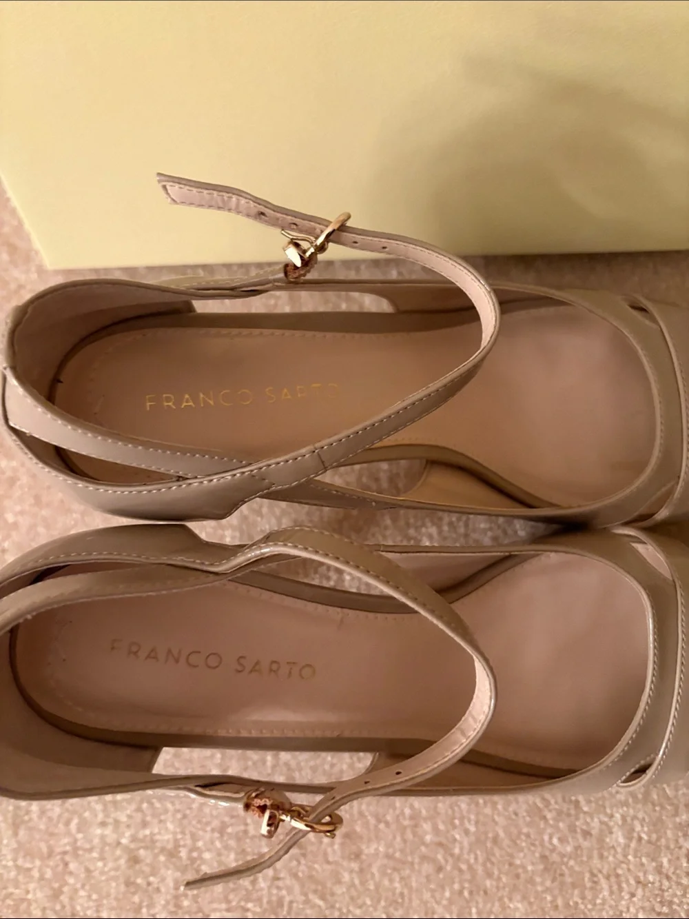 Franco Sarto Beige Patent Peep-Toe Ankle-Strap Heels